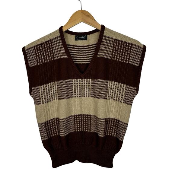 Vintage Catalina Sweater Vest Women Small Brown Tan Plaid Preppy V-Neck - Picture 1 of 10